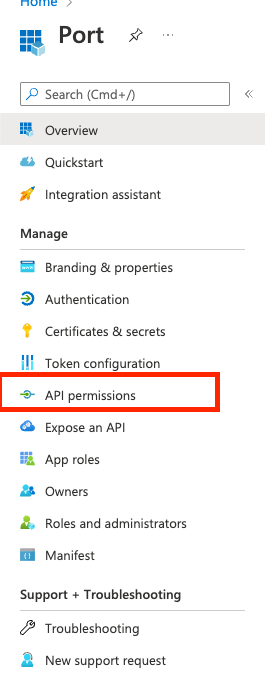 Azure navigation bar API permissions